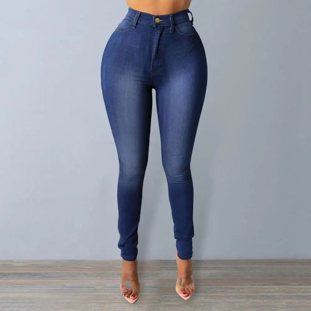 Solid Color Washed Pockets High Waist Denim