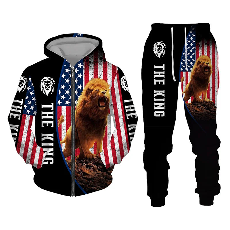 Men's Tracksuit 3D Lion Print 
Zipper Hoodie/Pants Set