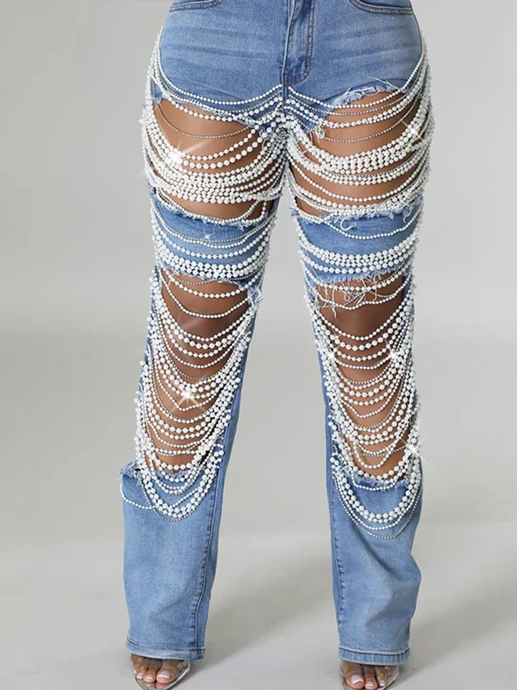 Pearls Jeans Vintage Cutout Denim Jeans