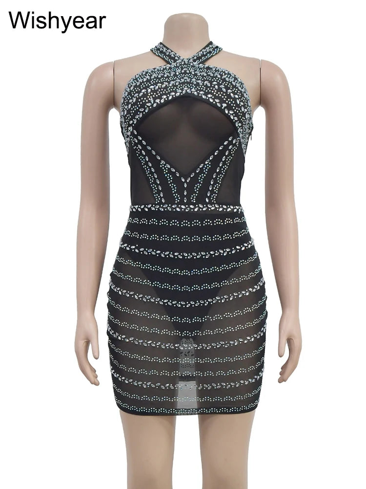 Elegant Crystal Apricot Mesh Mini Dress