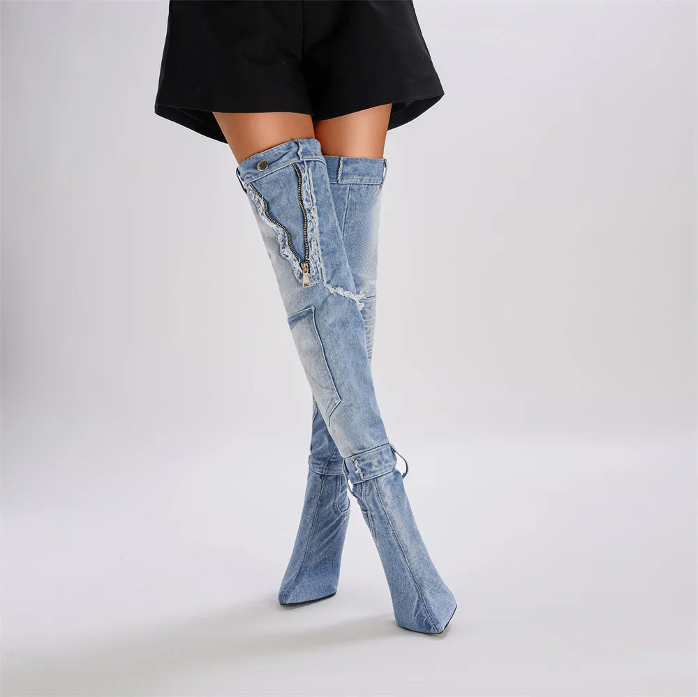 Emma King High Heels Denim Over The Knee Boots
Pointed Toe V Zipper