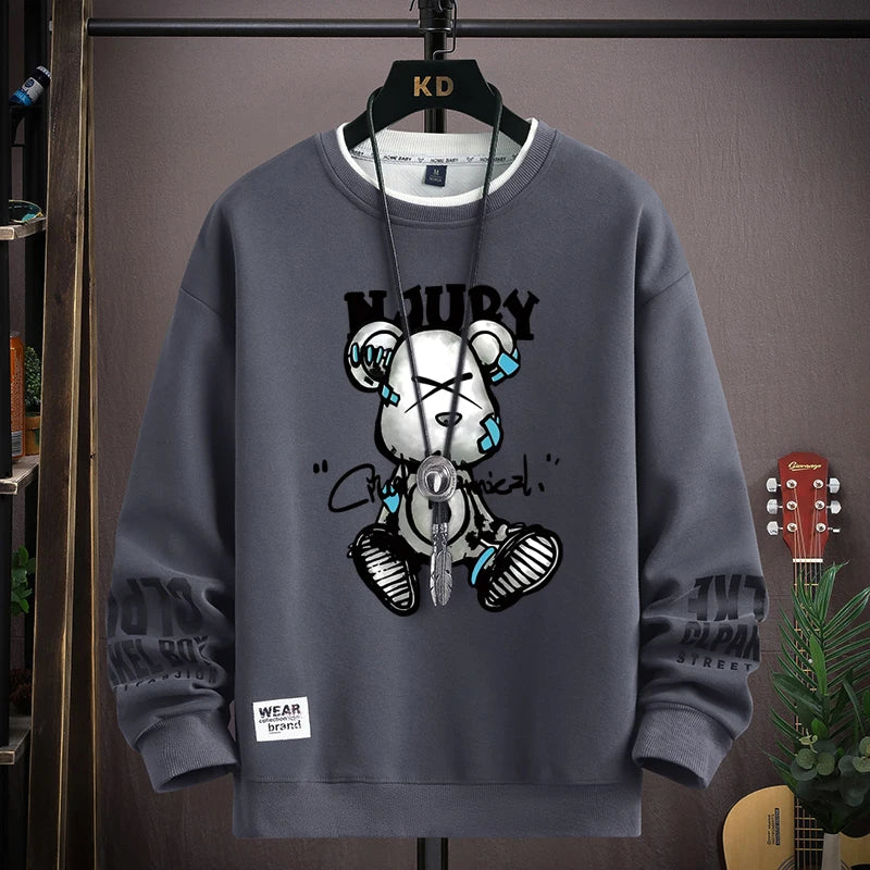 Men's Sweatshirt Cool Bear Print Long Sleeve Fashion 
Men's Clothing Khaki O Neck Harajuku Exclusive Design Top