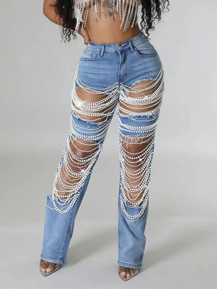 Pearls Jeans Vintage Cutout Denim Jeans