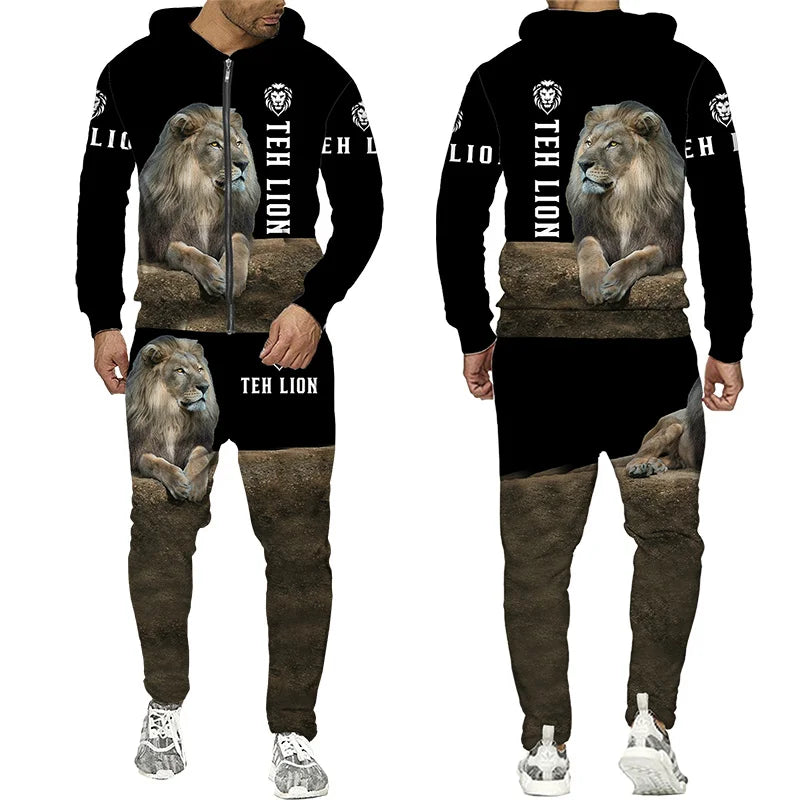 Men's Tracksuit 3D Lion Print 
Zipper Hoodie/Pants Set