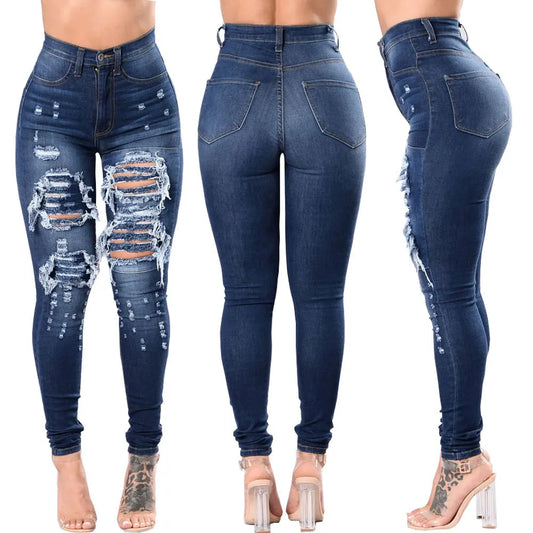 Stretch Skinny Ripped Hole Washed Denim Jeans