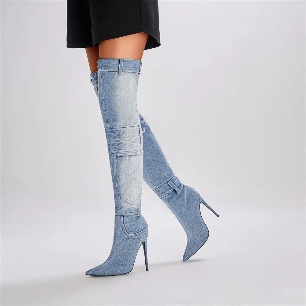 Emma King High Heels Denim Over The Knee Boots
Pointed Toe V Zipper