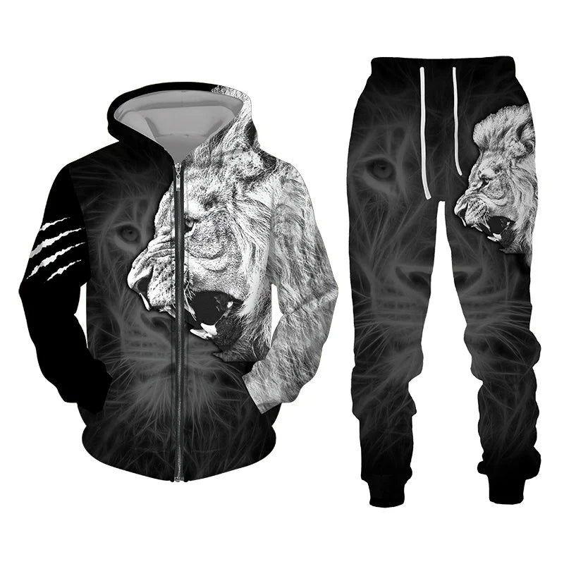 Men's Tracksuit 3D Lion Print 
Zipper Hoodie/Pants Set