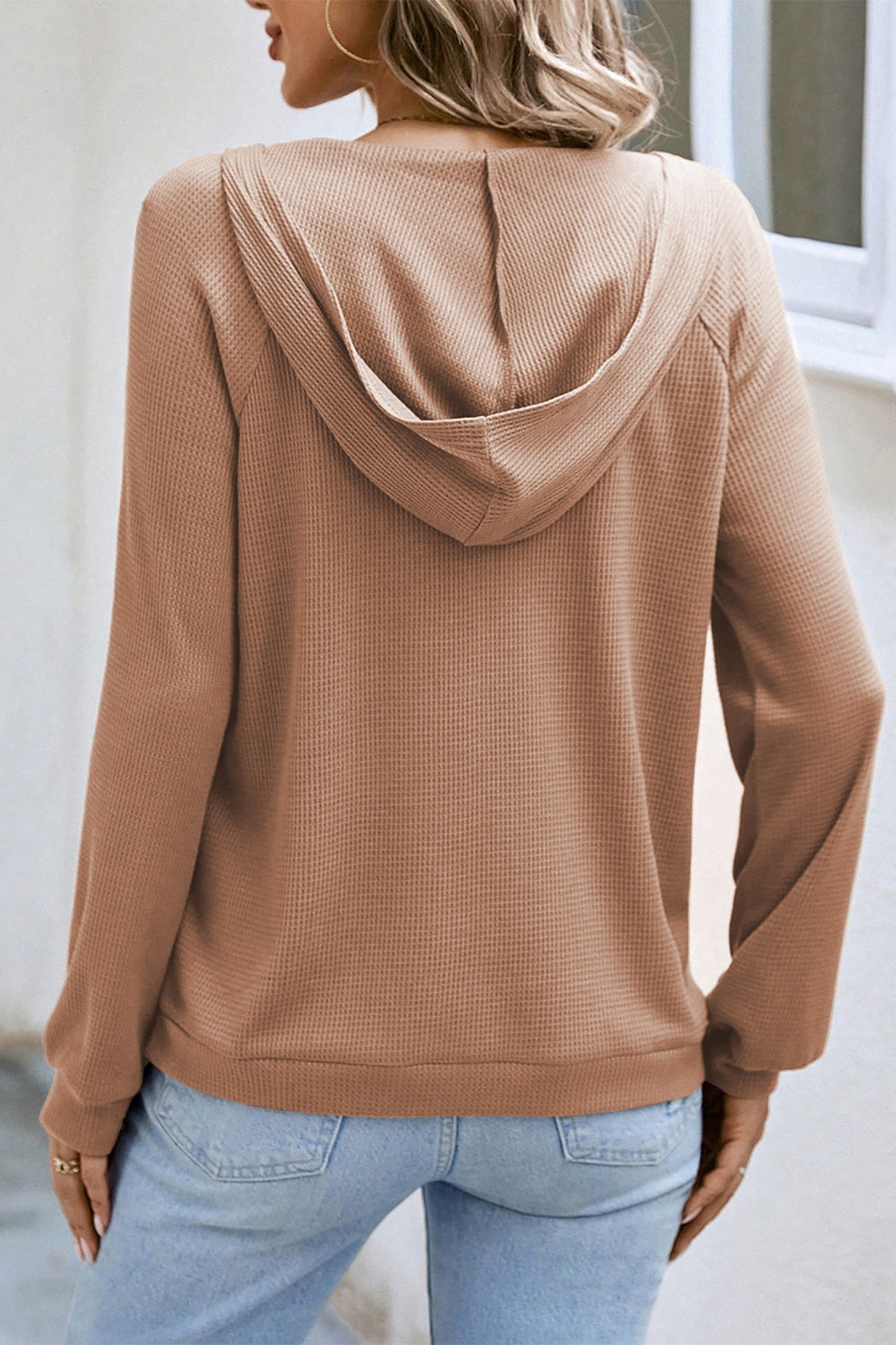 Waffle-Knit Half Zip Raglan Sleeve Hoodie