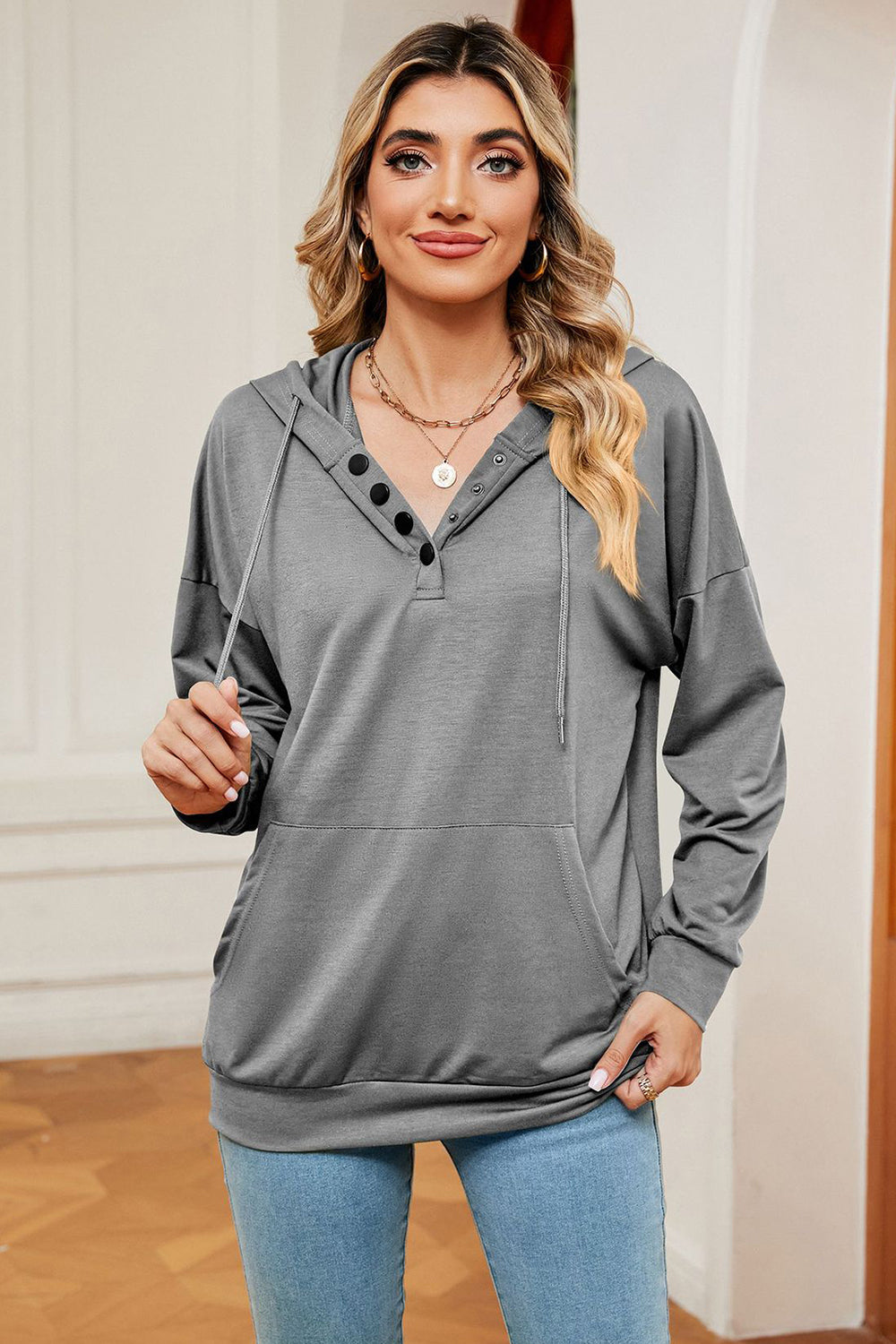 Drawstring Quarter Snap Dropped Shoulder Hoodie