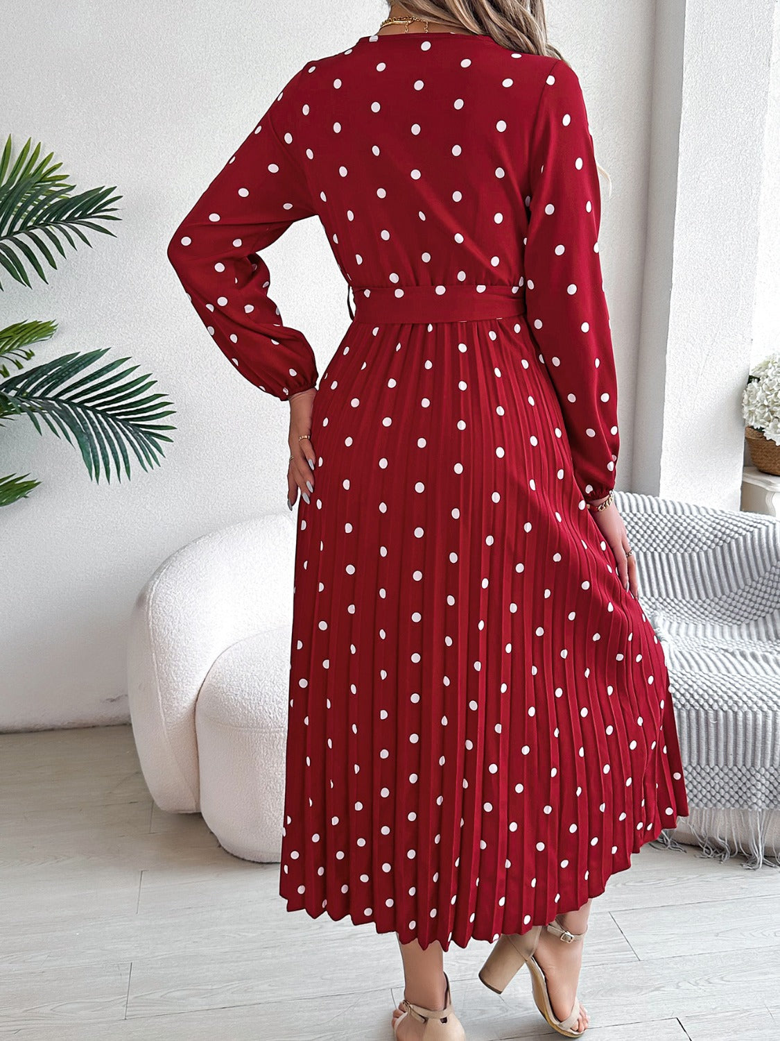 Tied Polka Dot Long Sleeve Midi Dress