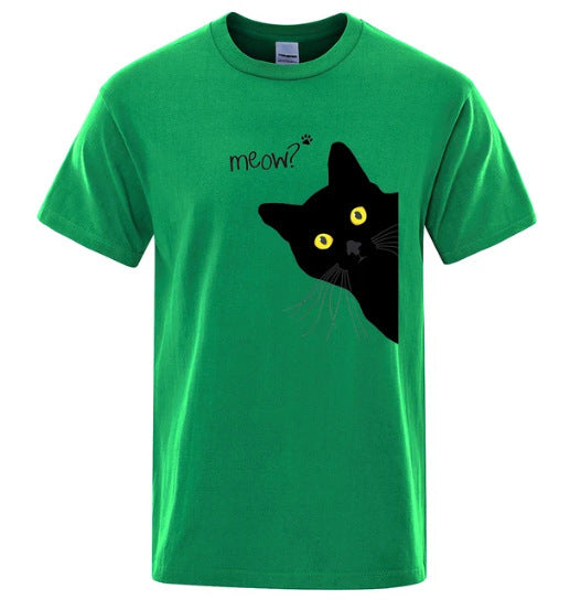 Men's Black Cat Print Loose Street Short Sleeve