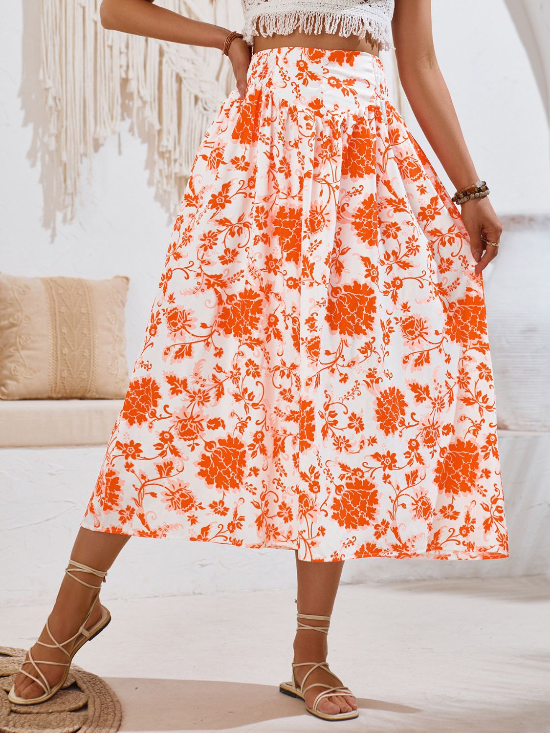 Printed Elastic Waist Midi Skirt