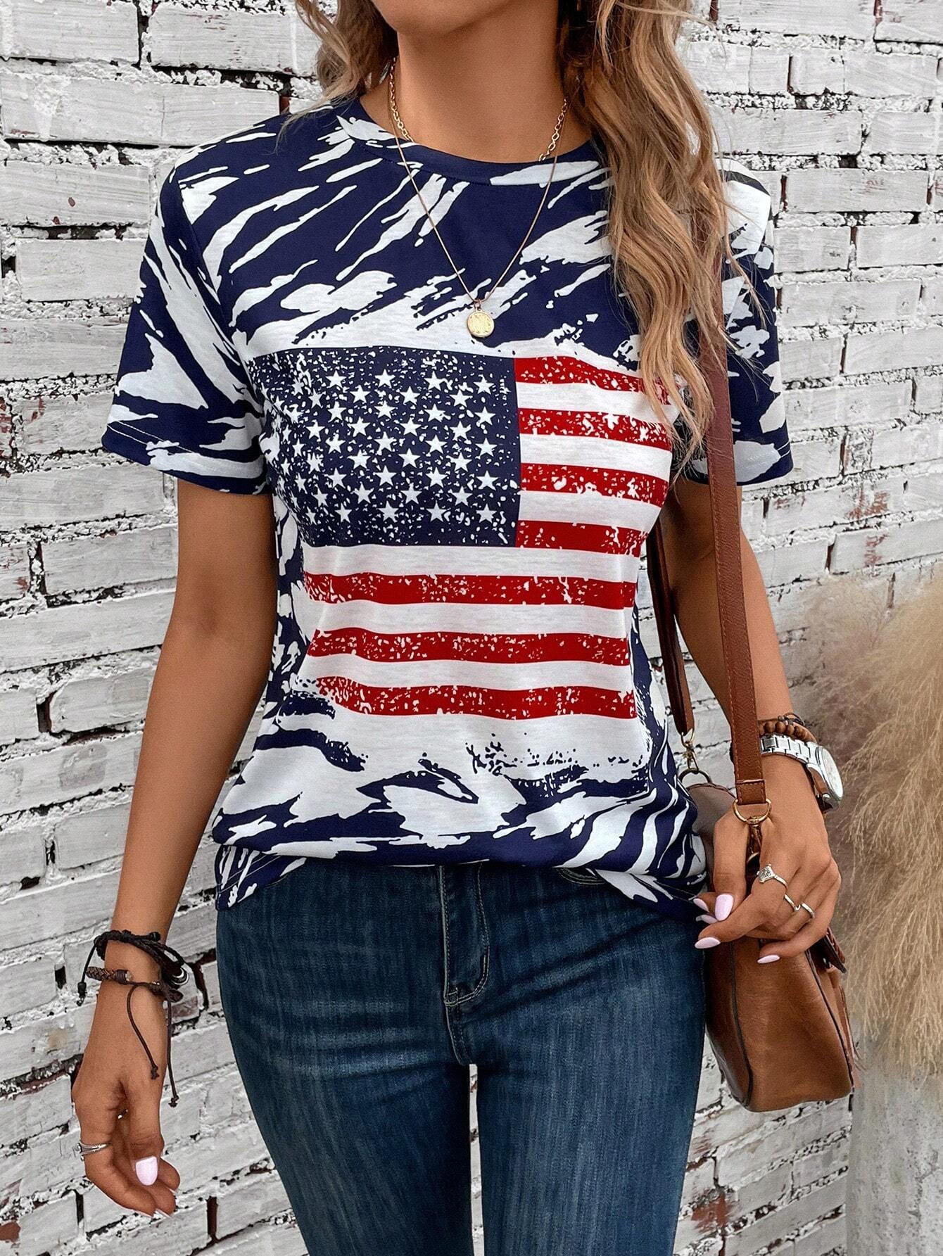 Flag Print T-shirt Crew Neck Casual