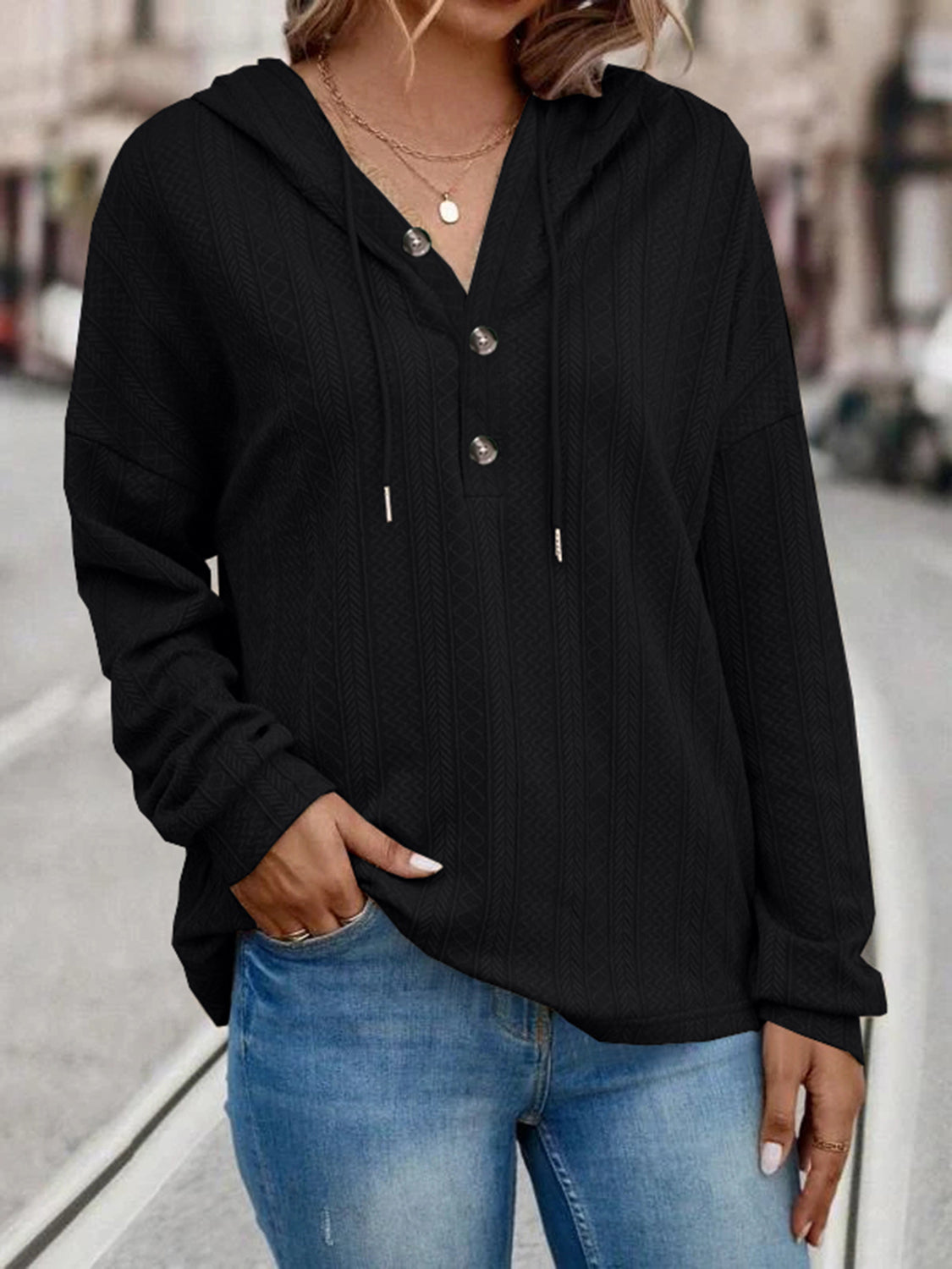 Drawstring Buttoned Drop Shoulder Hoodie