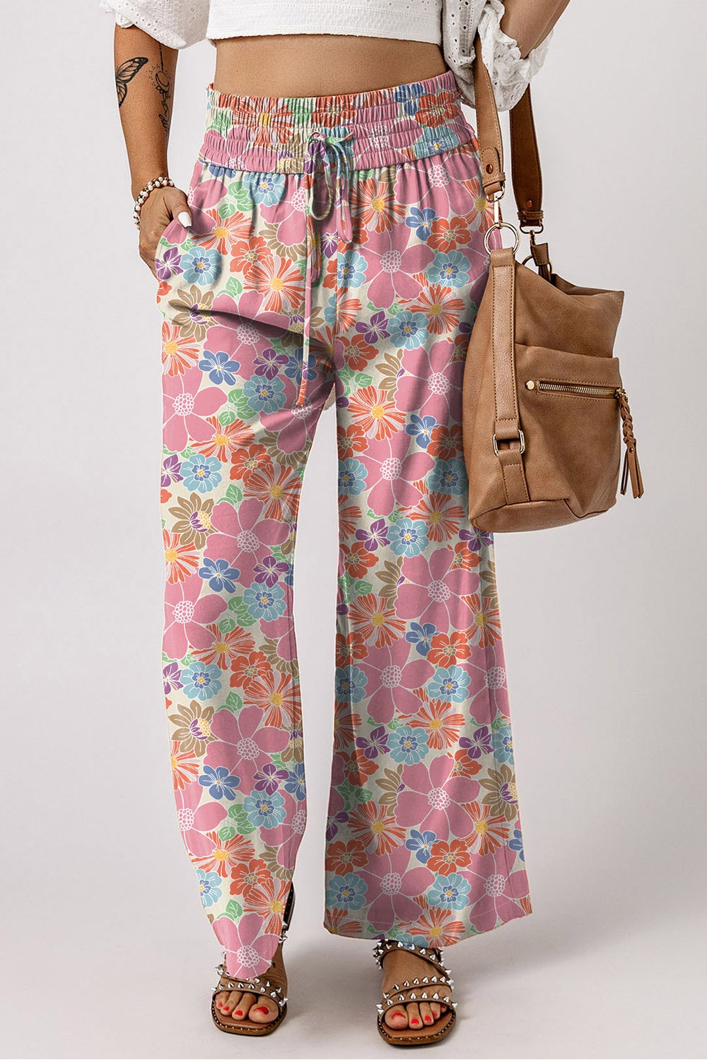 Drawstring Printed Wide Leg Pants