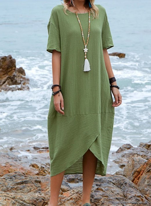 Women Maxi Dress Neck Pocket Summer Loose Casual Baggy Robe Female Retro Long Dresses