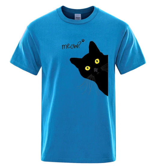 Men's Black Cat Print Loose Street Short Sleeve