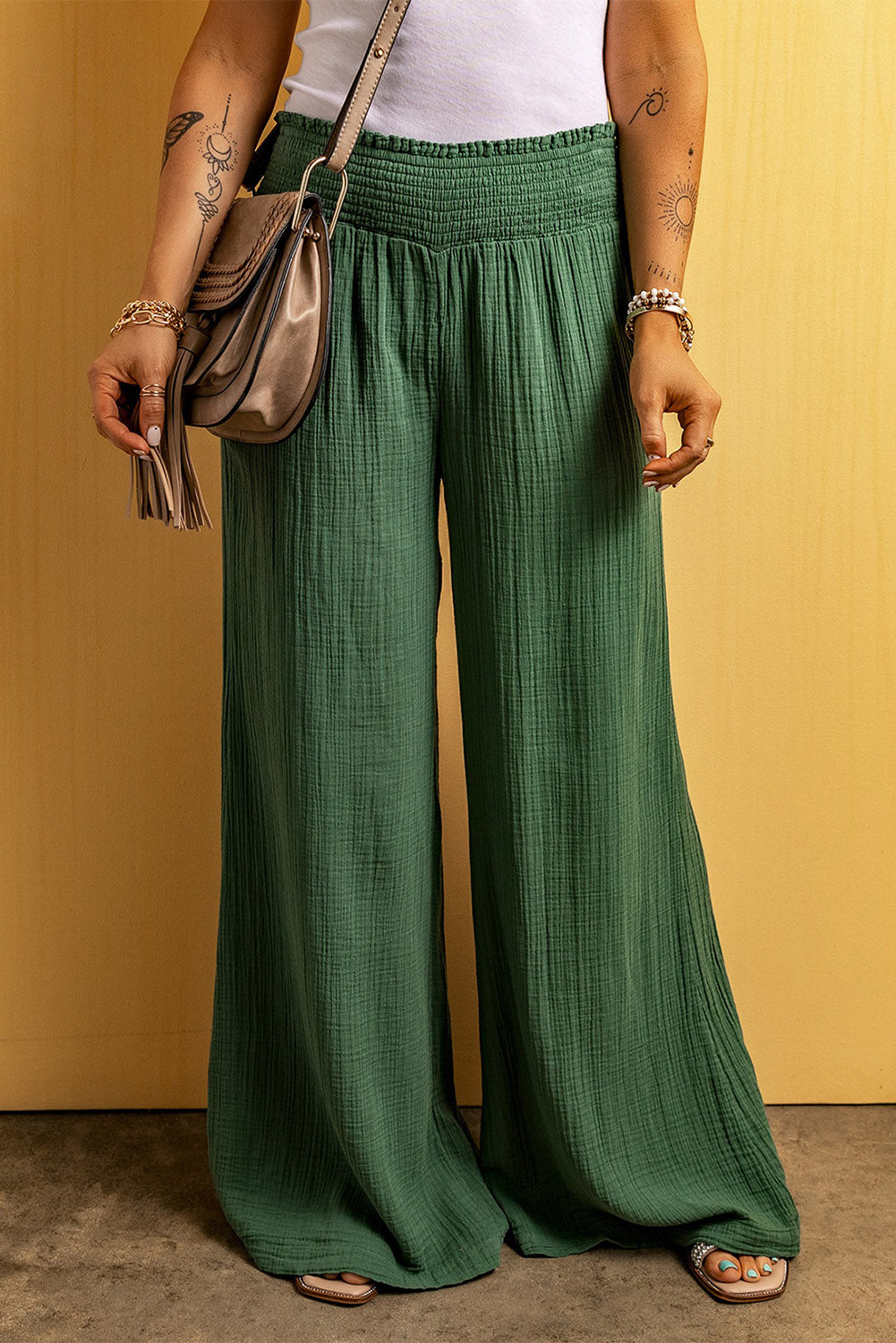 Smocked Waist Texture Wide Leg Pants