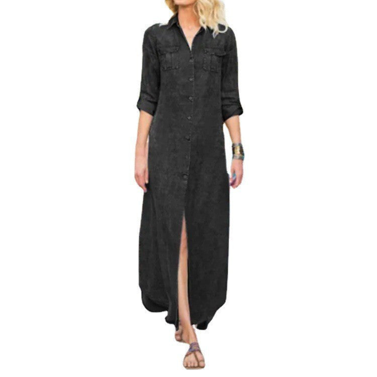 Summer New Women's Loose Solid Color Casual Single-breasted Denim Dress