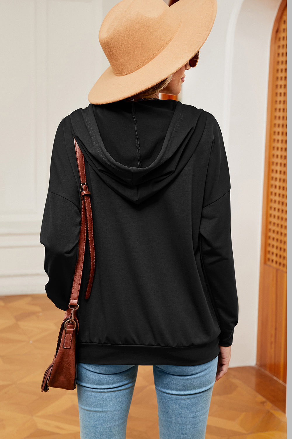 Drawstring Quarter Snap Dropped Shoulder Hoodie