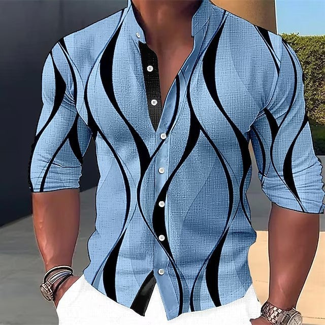 Summer New Plus Size Men's Casual Slim-fit Fashion 3D Printed Long-sleeved Shirt