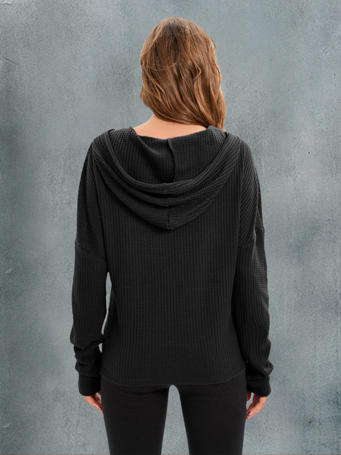 Waffle-Knit Drawstring Drop Shoulder Hoodie