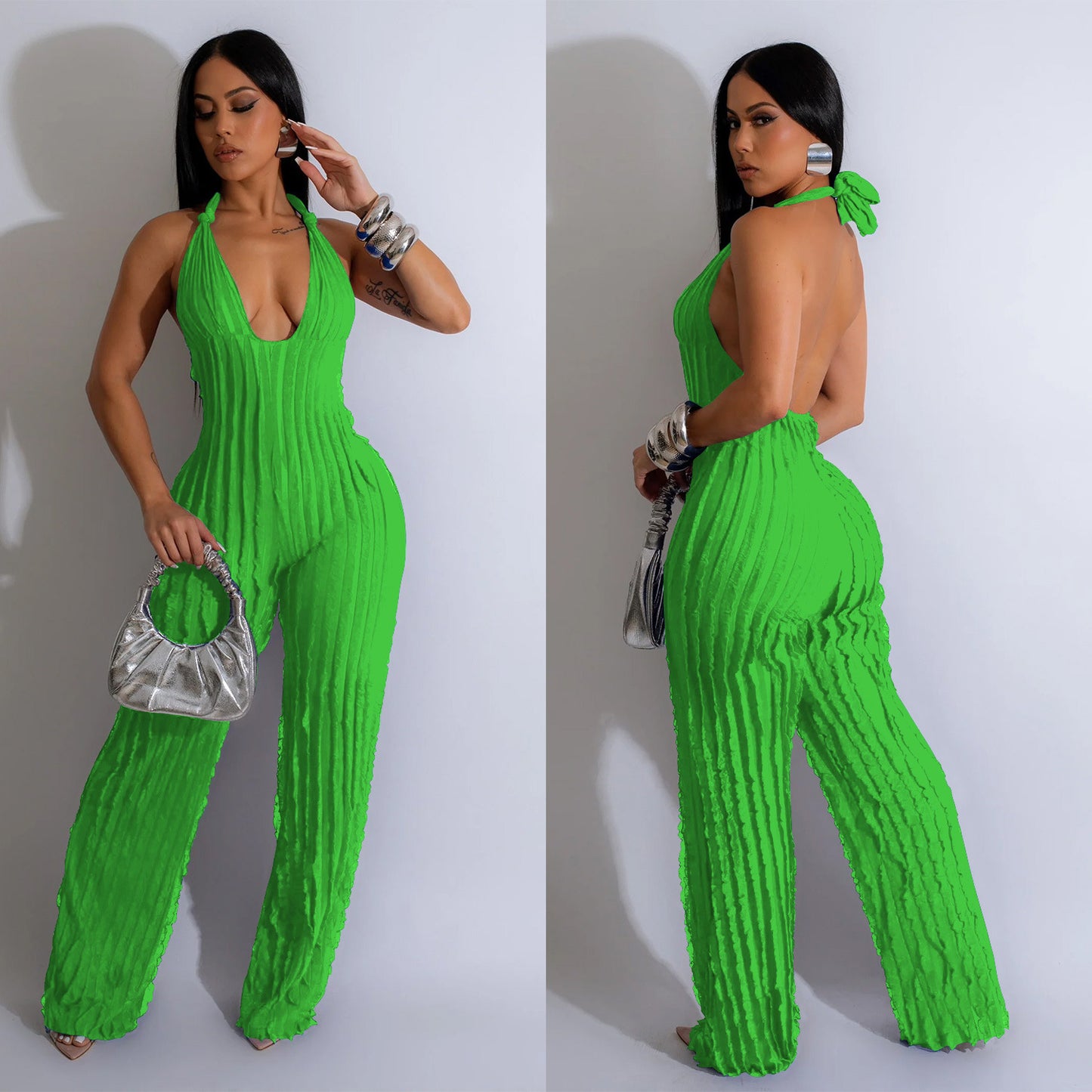 Women's Solid Color Backless Deep V Pleated Halter Jumpsuit Women