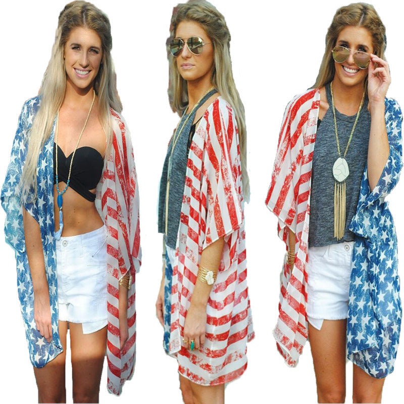 New Independence Day Flag Cardigan Loose Casual Women's Clothing