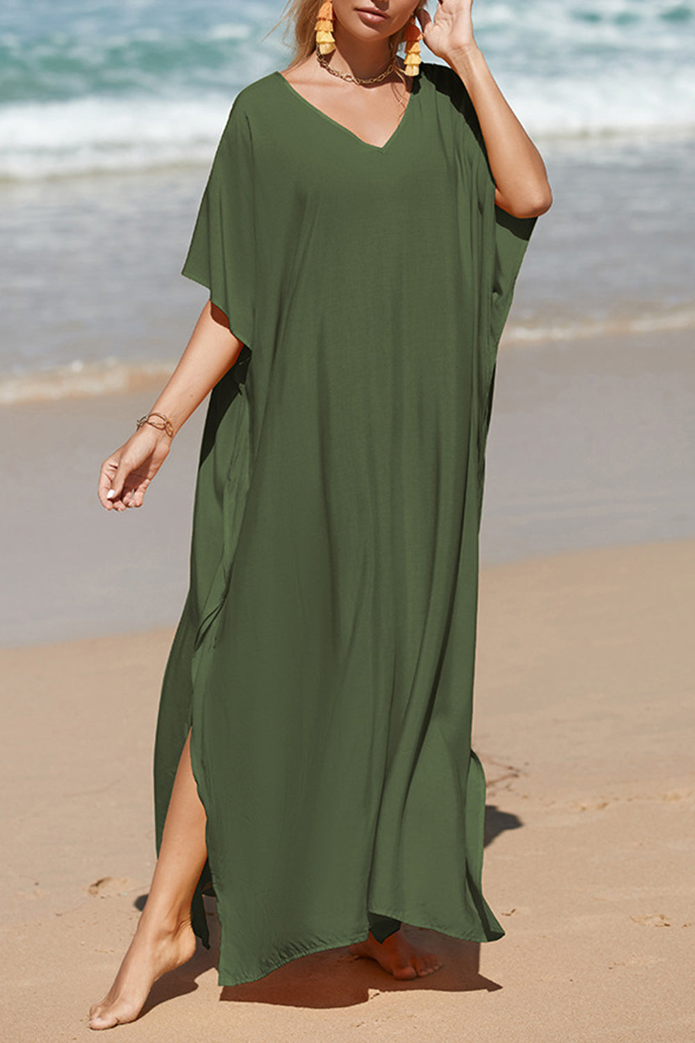 Slit V-Neck Half Sleeve Cover-Up