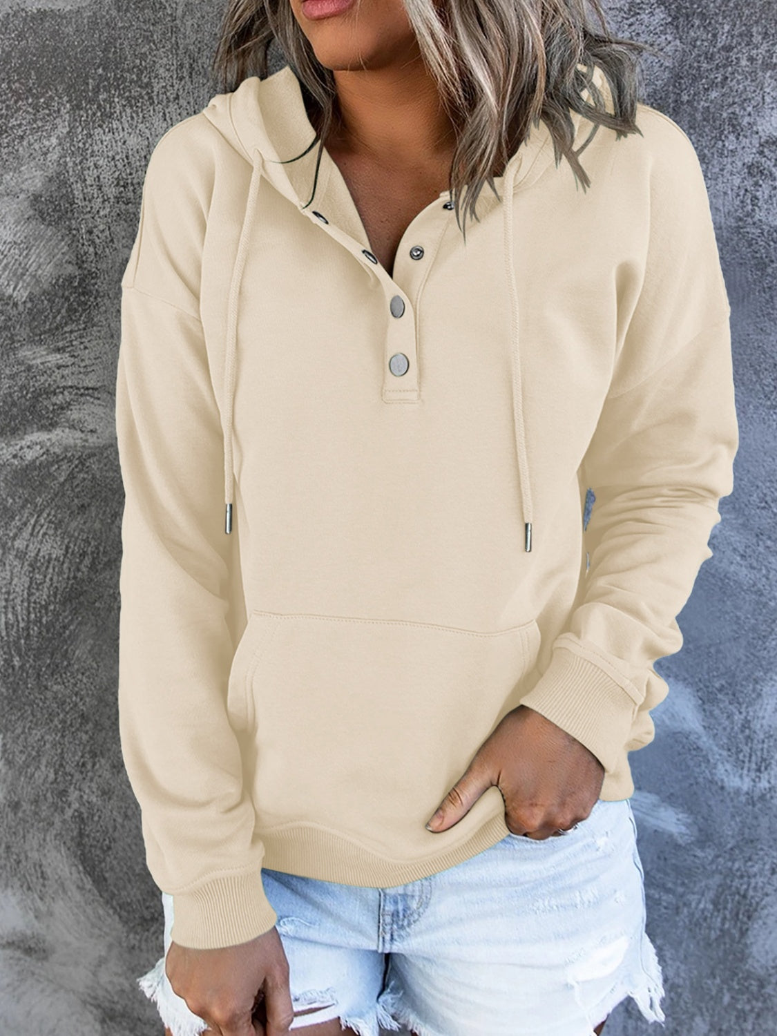 Half Snap Drawstring Long Sleeve Hoodie