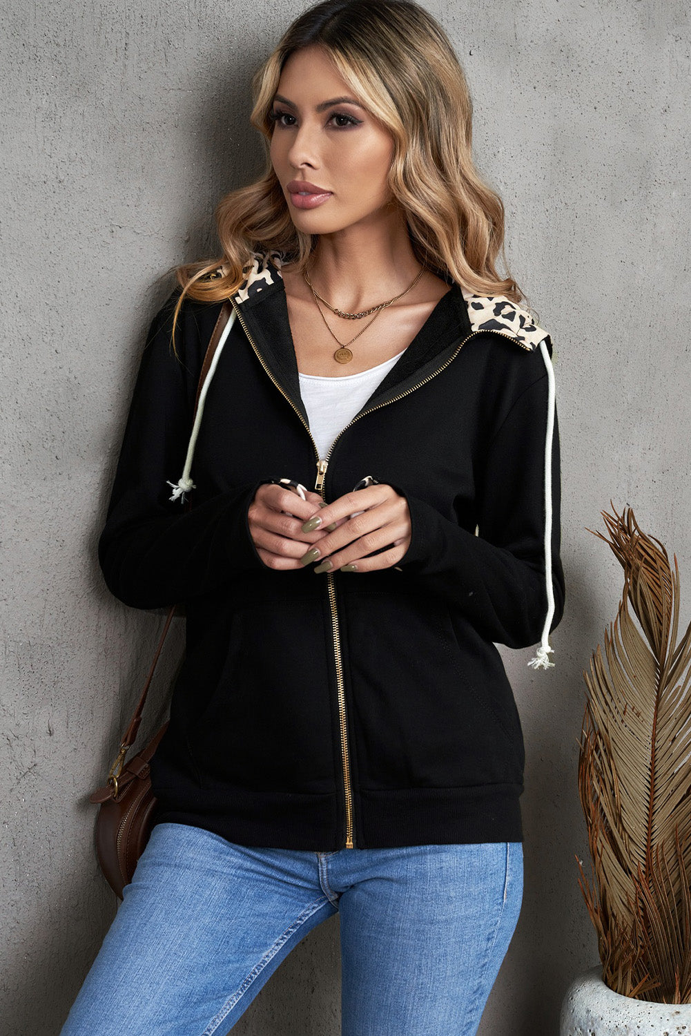 Zip Up Thumbhole Sleeve Hooded Jacket with Pockets