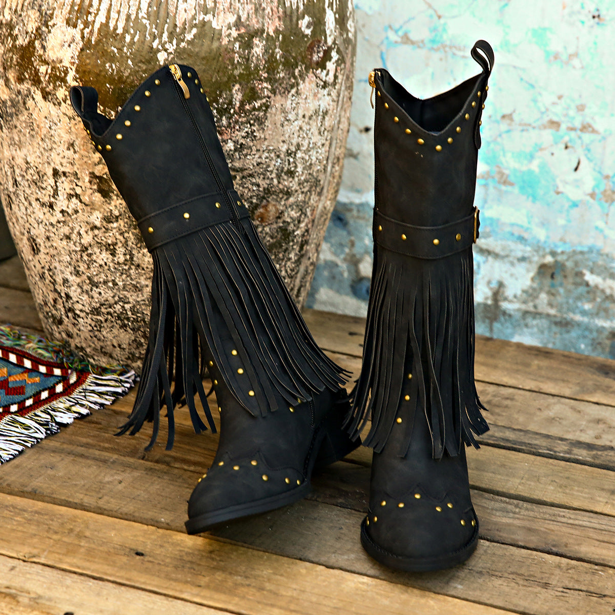 Studded Fringe Block Heel Boots