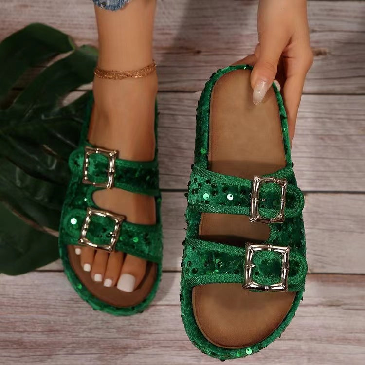 Sequin Trim Open Toe Sandals