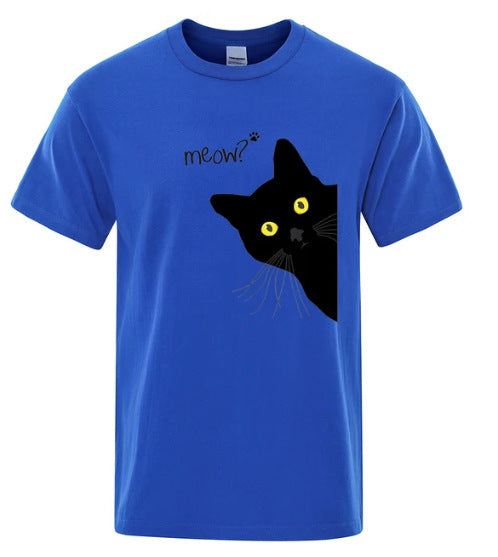 Men's Black Cat Print Loose Street Short Sleeve