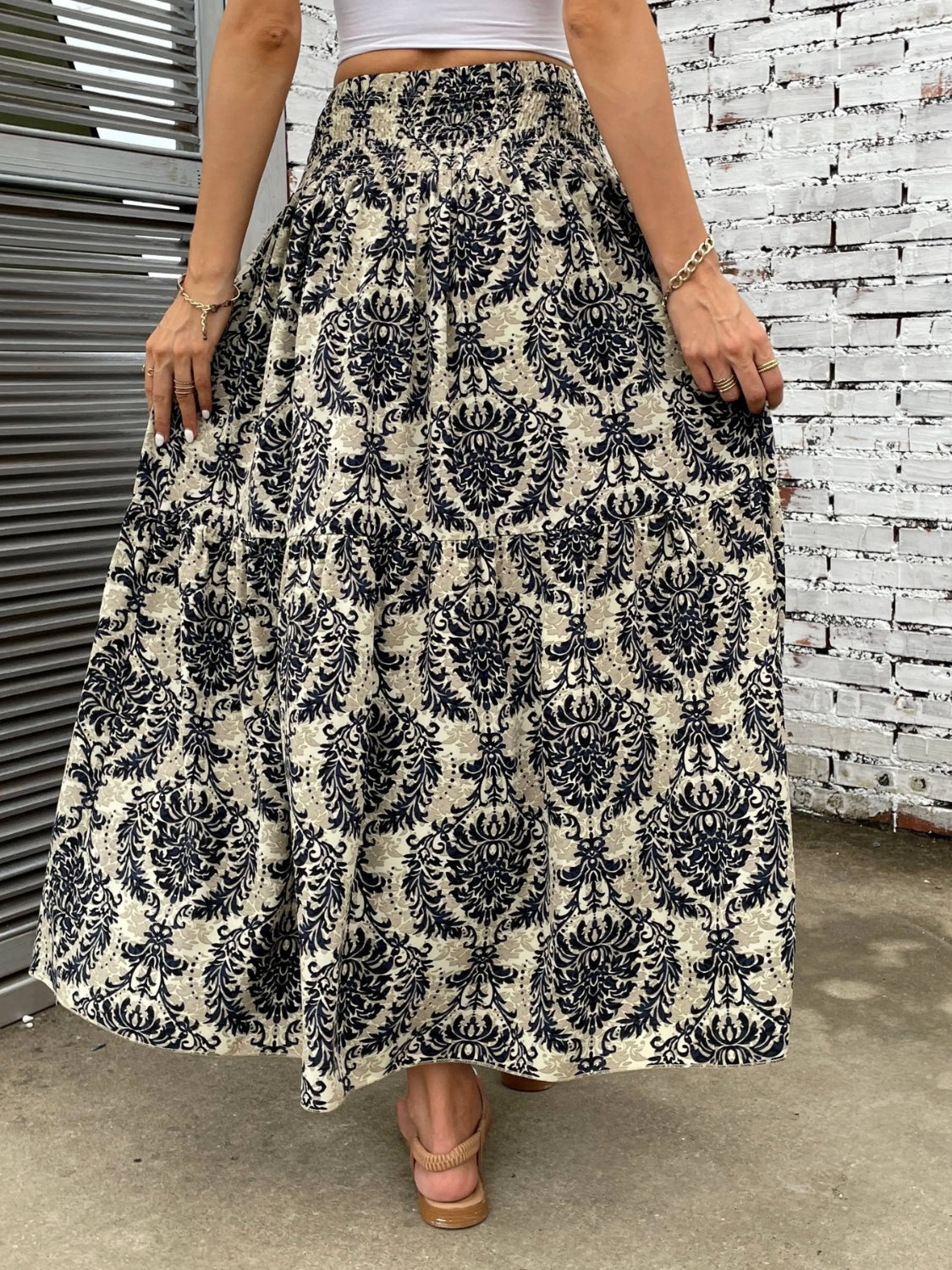 Printed Elastic Waist Maxi Skirt