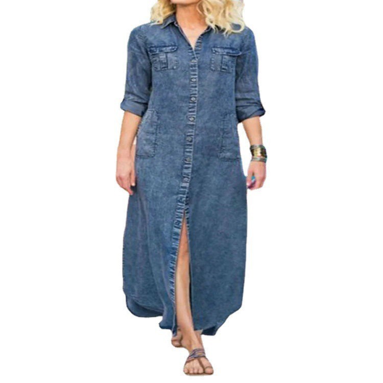 Summer New Women's Loose Solid Color Casual Single-breasted Denim Dress