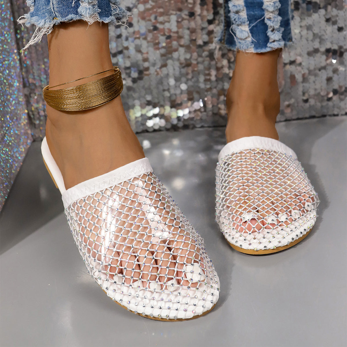 Hollow-toe Transparent Hollow Sandals With Rhinestones Summer Fashion Outdoor Slippers Flat Shoes For Women