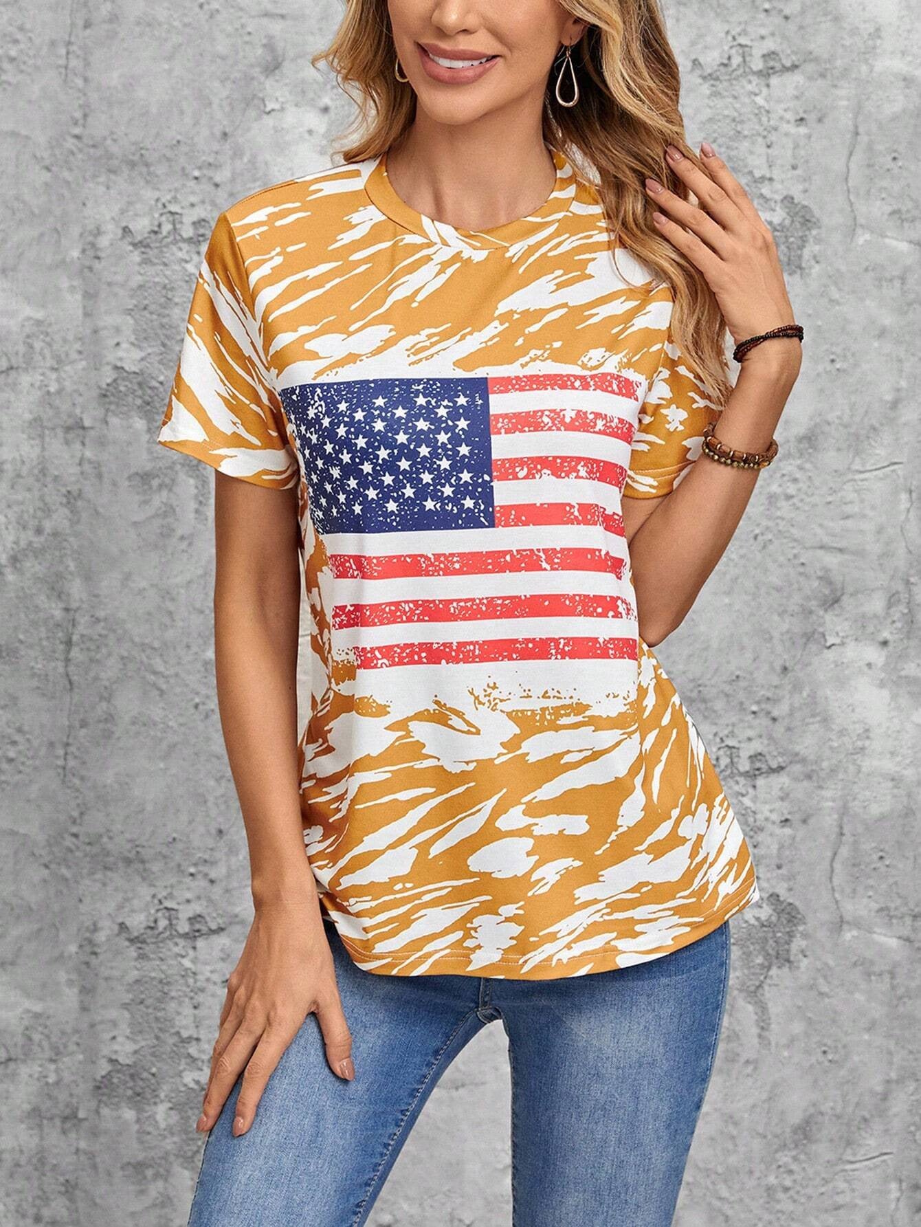 Flag Print T-shirt Crew Neck Casual