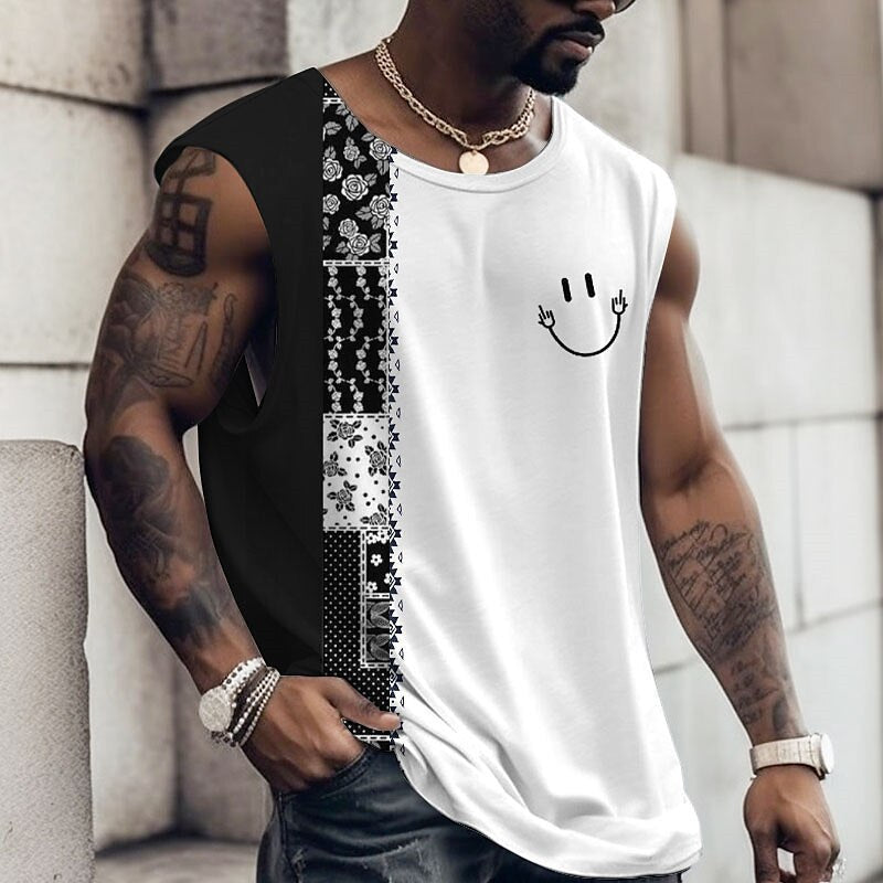 Round Neck Retro Ethnic T-shirt Sleeveless Wide Shoulder Vest